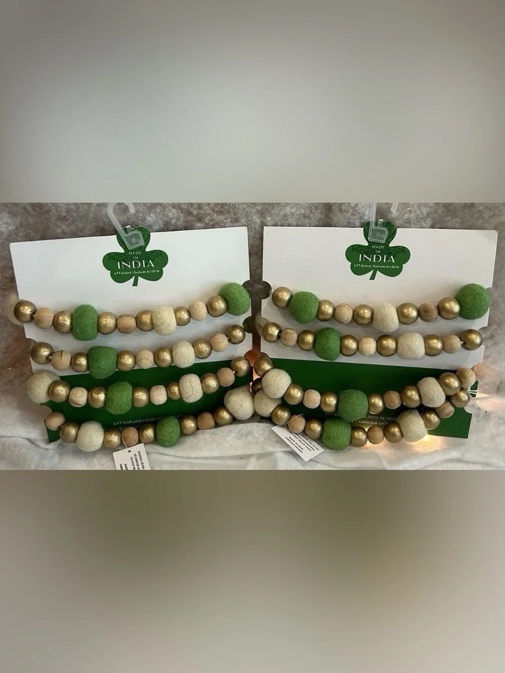 2x St. Patrick'S Day Garland Decoration Pom Pom Garland Wool Wood Felt Ball Gold